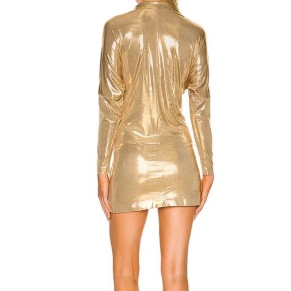 Norma Kamali Metallic Gold Long Sleeve Tie-Front Dress - Picture 8 of 13